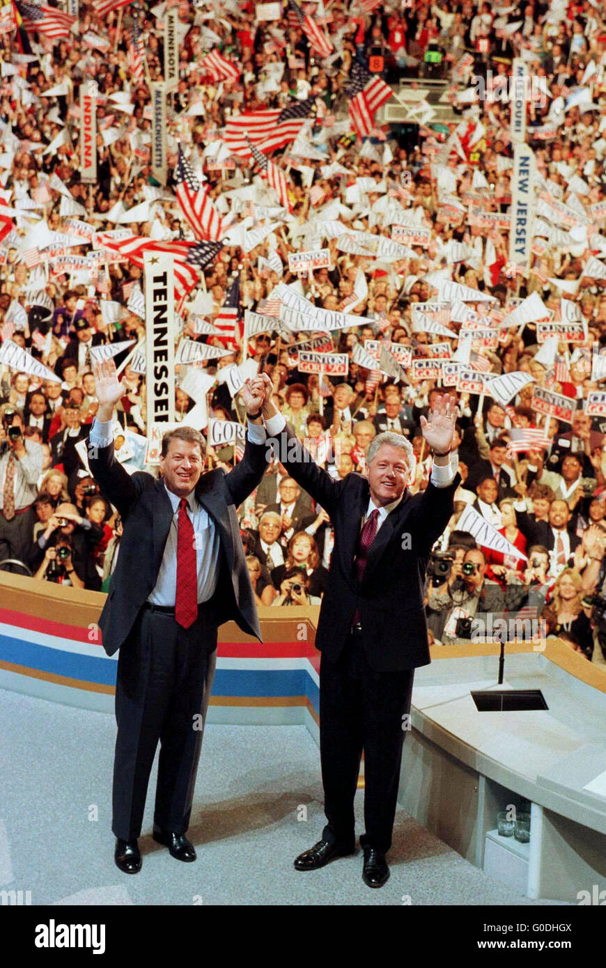American President Bill Clinton and Vice-President Al Gore at the The 1996 National Convention of the U.S. Democratic Party was held at the United Center in Chicago, Illinois from August 26 to August 29, 1996. President Bill Clinton and Vice President Al Gore celebrate after their nomination for reeelection during the Democratic Party National Convention held in Chicago in 1996. This was the first national convention of either party to be held in Chicago since the disastrous riots of the 1968 Democratic convention. Stock Photo