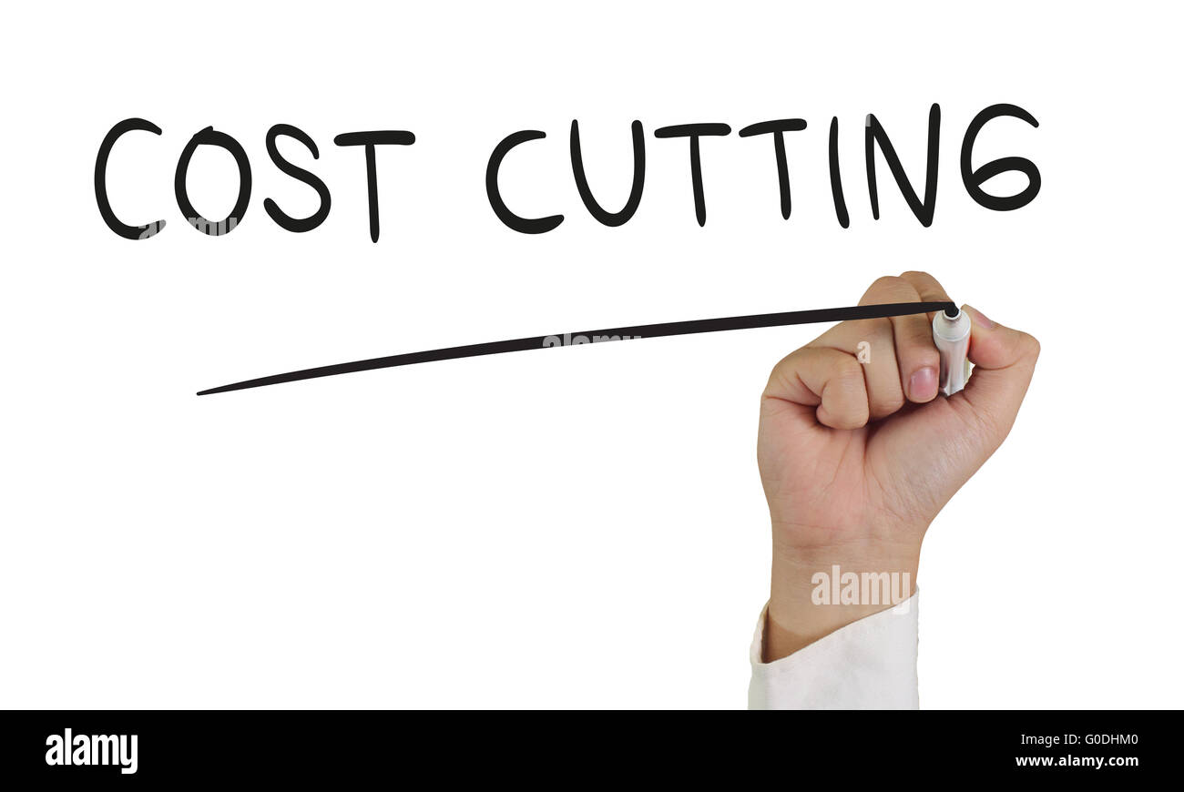 Business concept image of a hand holding marker and write Cost Cutting isolated on white Stock Photo