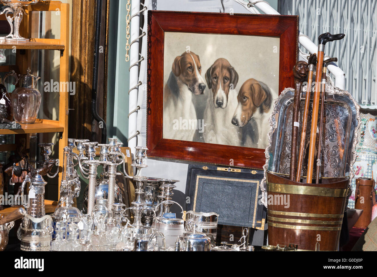 Market stall at Portobello Market, famous antiques market in Portobello