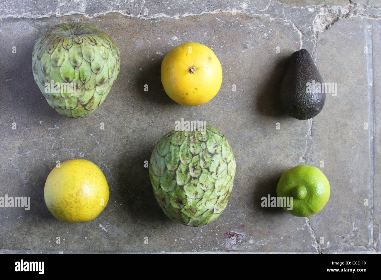 Cherimoya fruit, oranges and lime and avocado flat lay arrangement Stock Photo