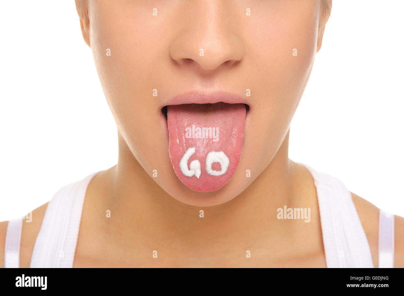 Woman puts out the tongue with an inscription go Stock Photo