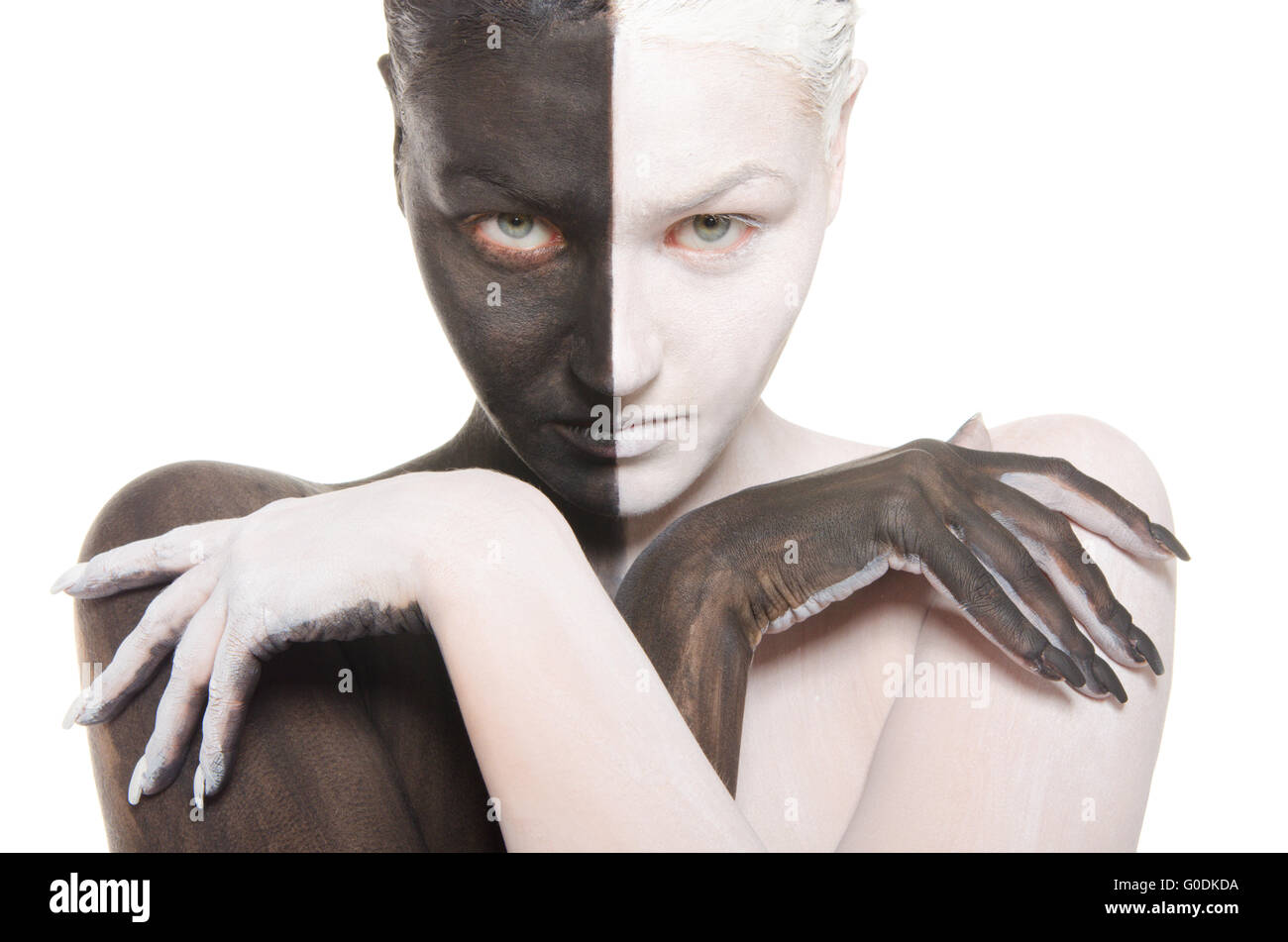 portrait of woman in black and white make-up Stock Photo. the child was sta...