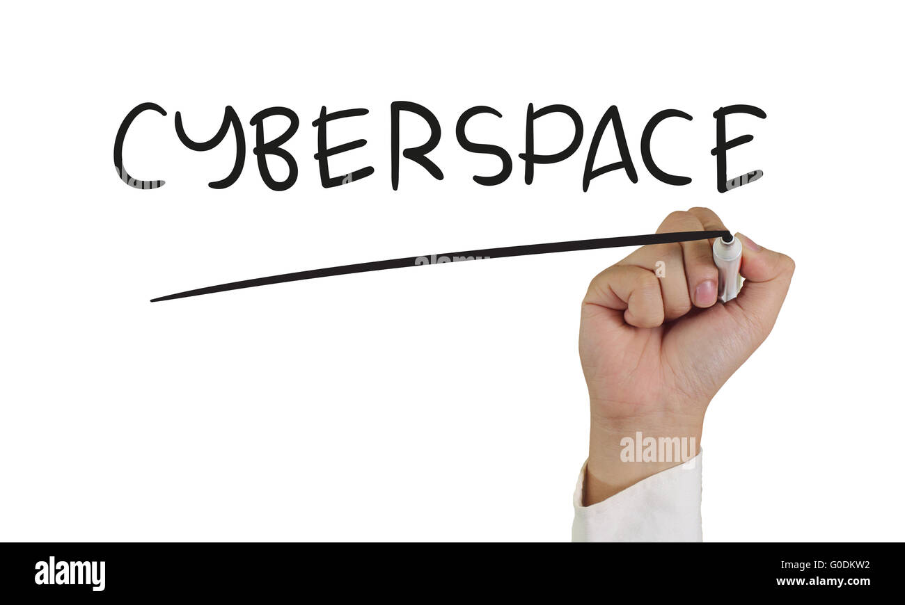 Business concept image of a hand holding marker and write Cyberspace isolated on white Stock Photo