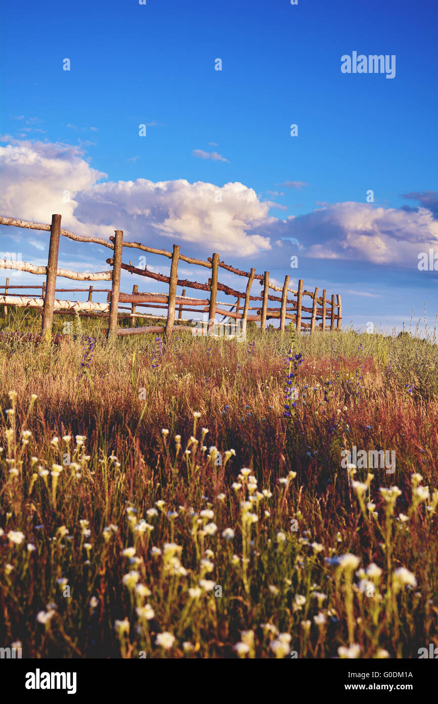 Fence in the green field under blue cloud sky Stock Photo - Alamy