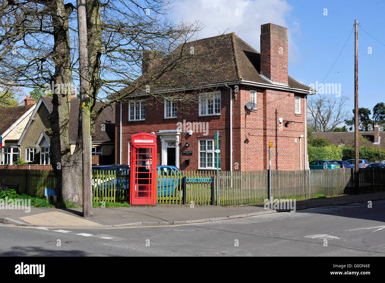 Old Telephone Exchange and Telephone Box on King Street, Mortimer Common, Reading, Berkshire, England Stock Photo