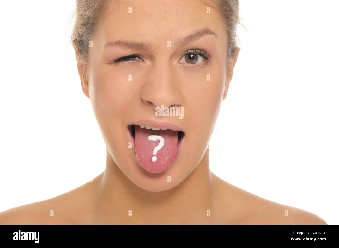 woman puts out tongue with drawn question mark Stock Photo