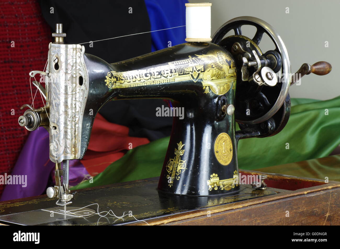 Singer sewing machine, serial number Y-5.203.193. Manufactured in 1927 by Singer factory in Clydebank, Scotland. Stock Photo