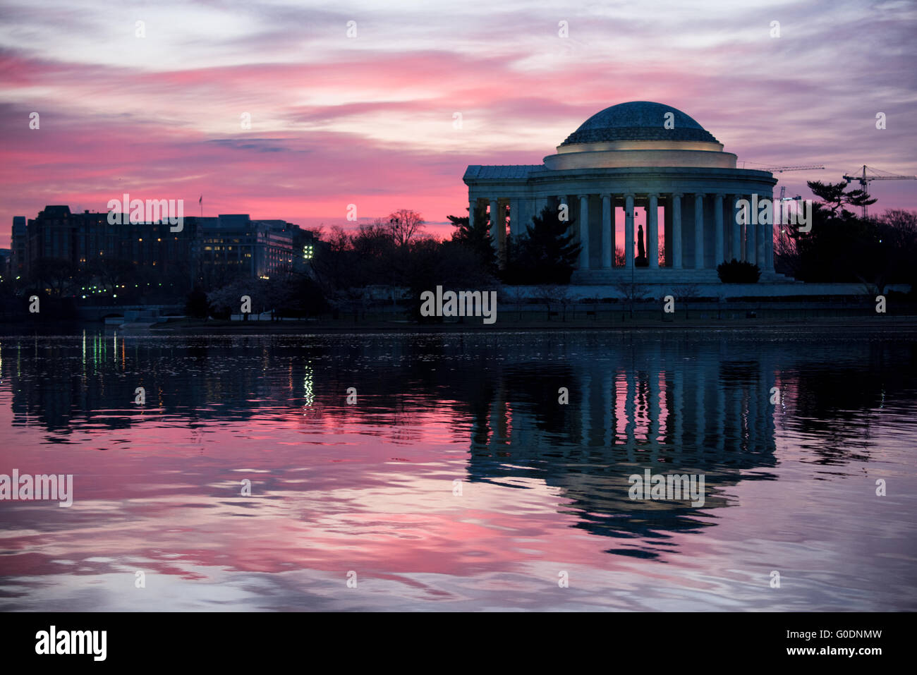WASHINGTON DC, United States —  Opened in 1943 and designed by architect John Russell Pope, the Jefferson Memorial sits on an island on the southern bank of the Tidal Basin next to the Potomac and its Washington Channel. Stock Photo