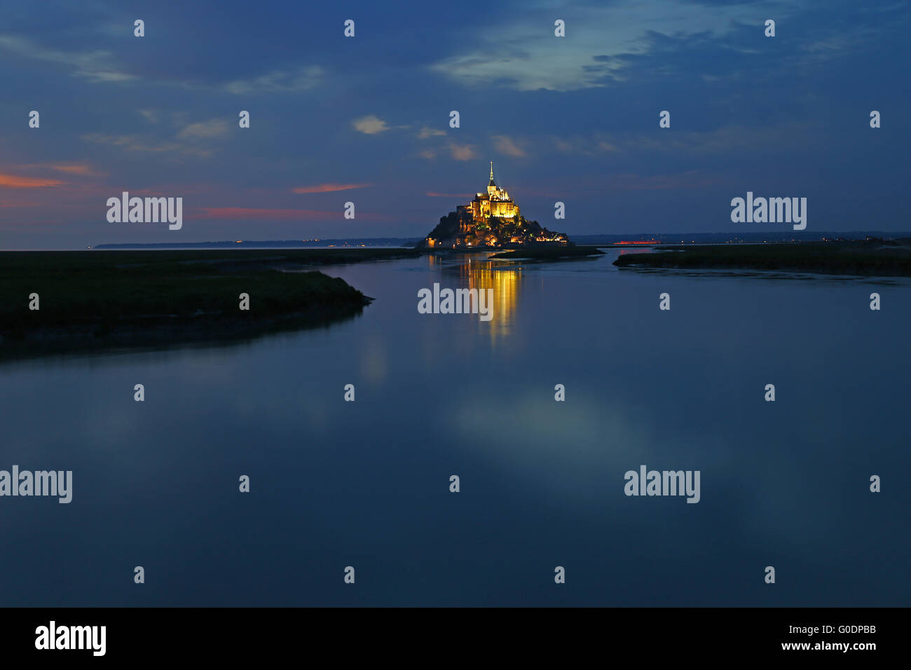 The Mont-Saint-Michel at night flood Stock Photo