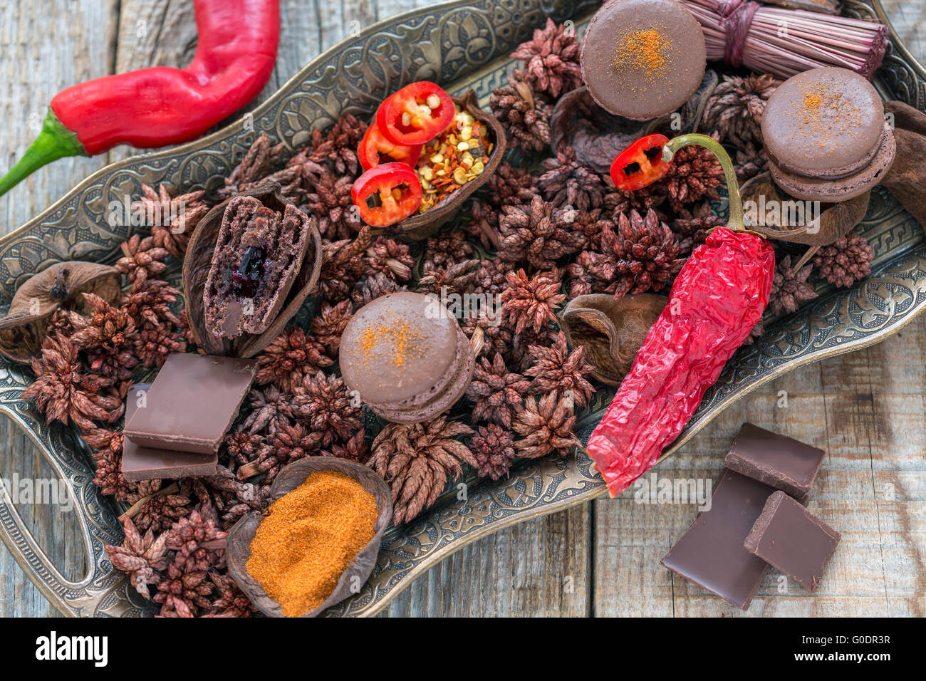 French almond cakes, chocolate and chili peppers Stock Photo Alamy