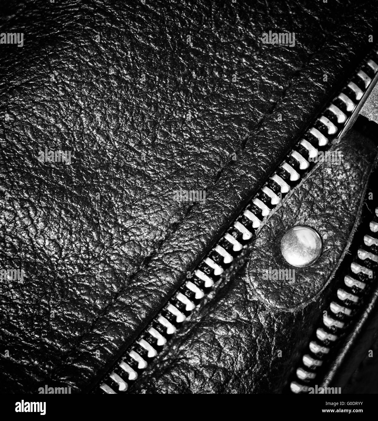 black leather clothing with a zipper. macro photo Stock Photo