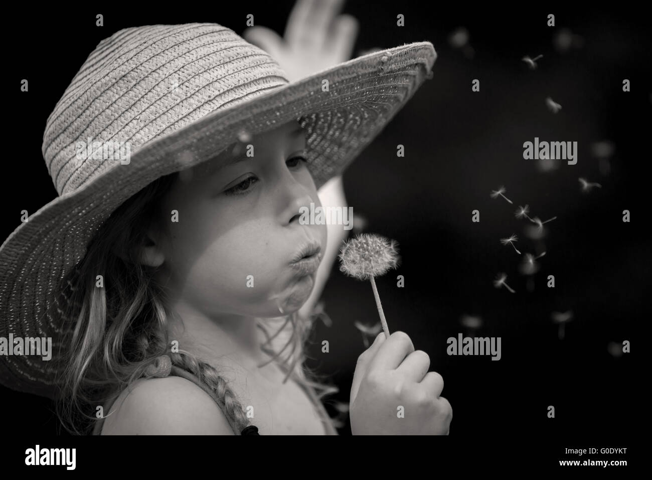 portrait of a little girl with a dandelion black w Stock Photo - Alamy