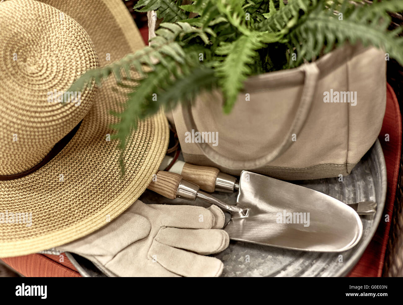 Garden work gloves, sun hat, and trowel on a tray with shallow depth of field Stock Photo