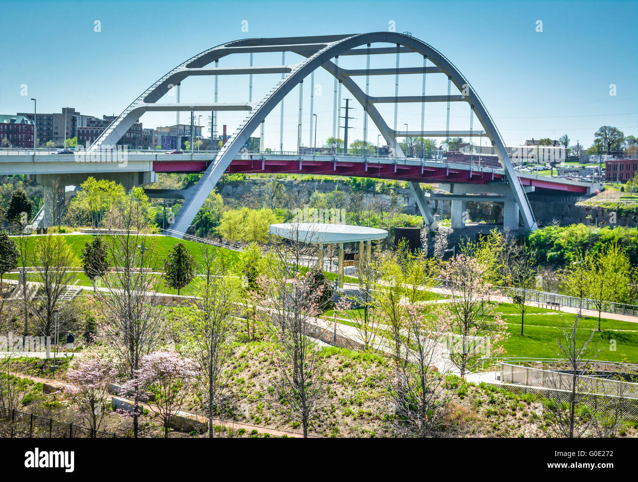 View from the East Bank Greenway of The Korean War Veterans Memorial Bridge connecting East Nashville to Downtown Music City USA Stock Photo