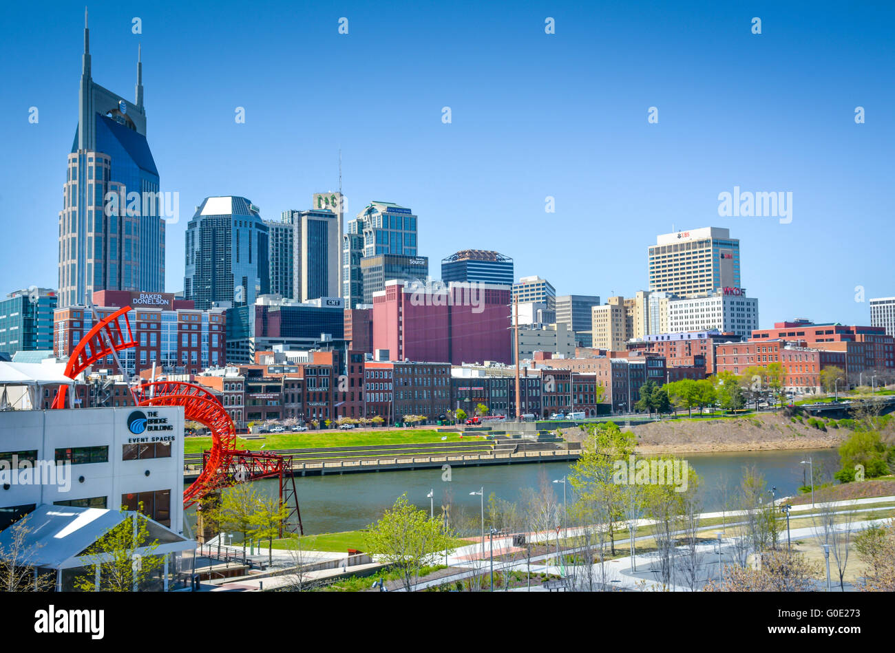 View across the Cumberland River of Downtown Nashville, TN skyline with