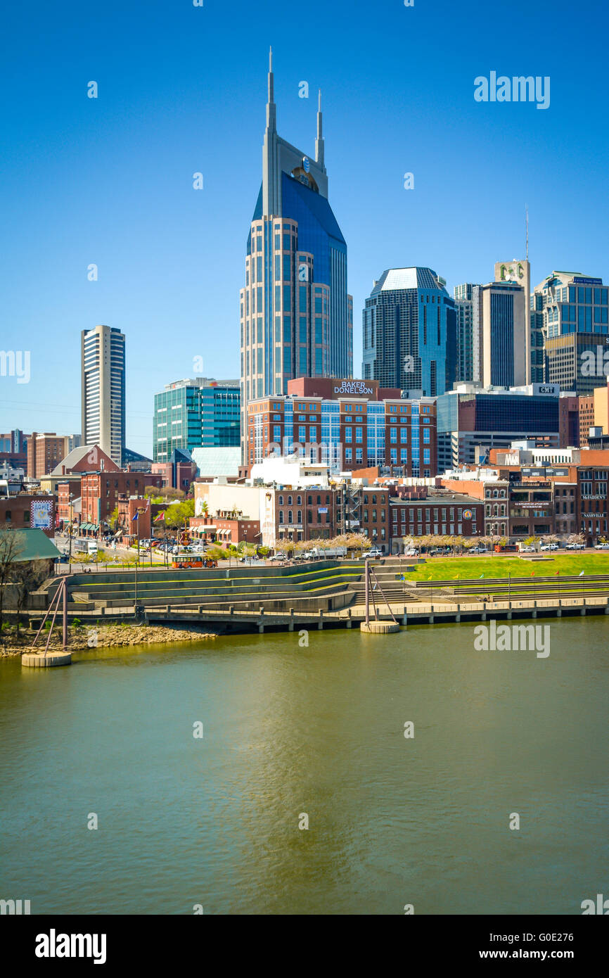 Looking across the Cumberland River to Downtown Nashville, TN, skyline