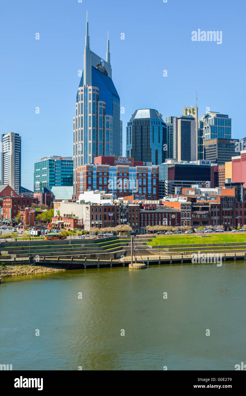 Looking across the Cumberland River to Downtown Nashville, TN, skyline