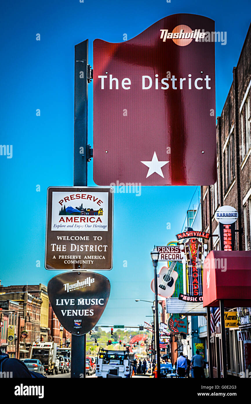 The District Sign represents culture and community around Lower Broadway in Nashville, TN, Music City USA famous for honky tonks Stock Photo