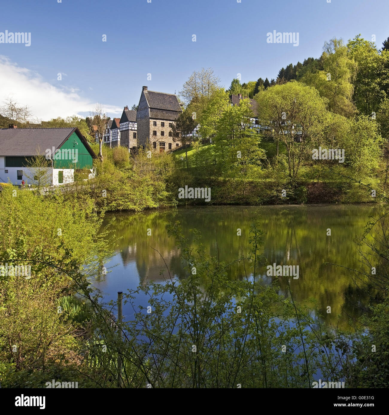 lake and half-timbered houses of Hagen Museum Stock Photo