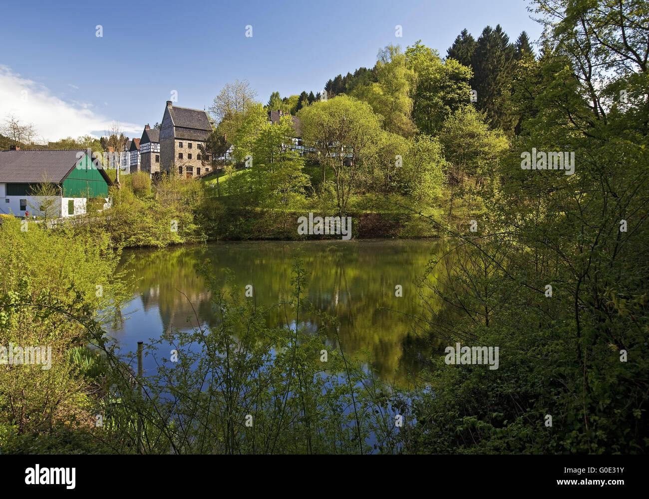 lake and half-timbered houses of Hagen Museum Stock Photo