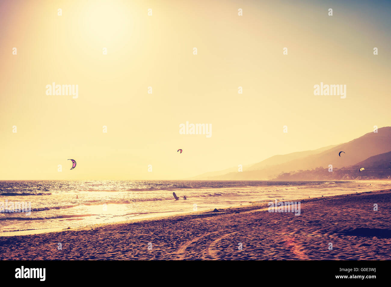 Vintage toned Malibu beach at sunset, USA. Stock Photo