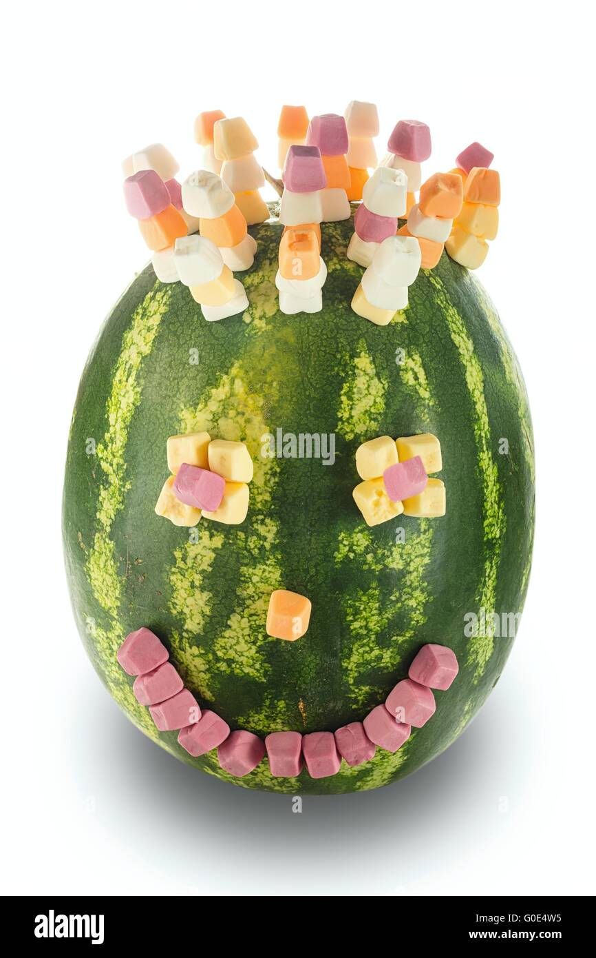 funny decorated with melon on a white background Stock Photo