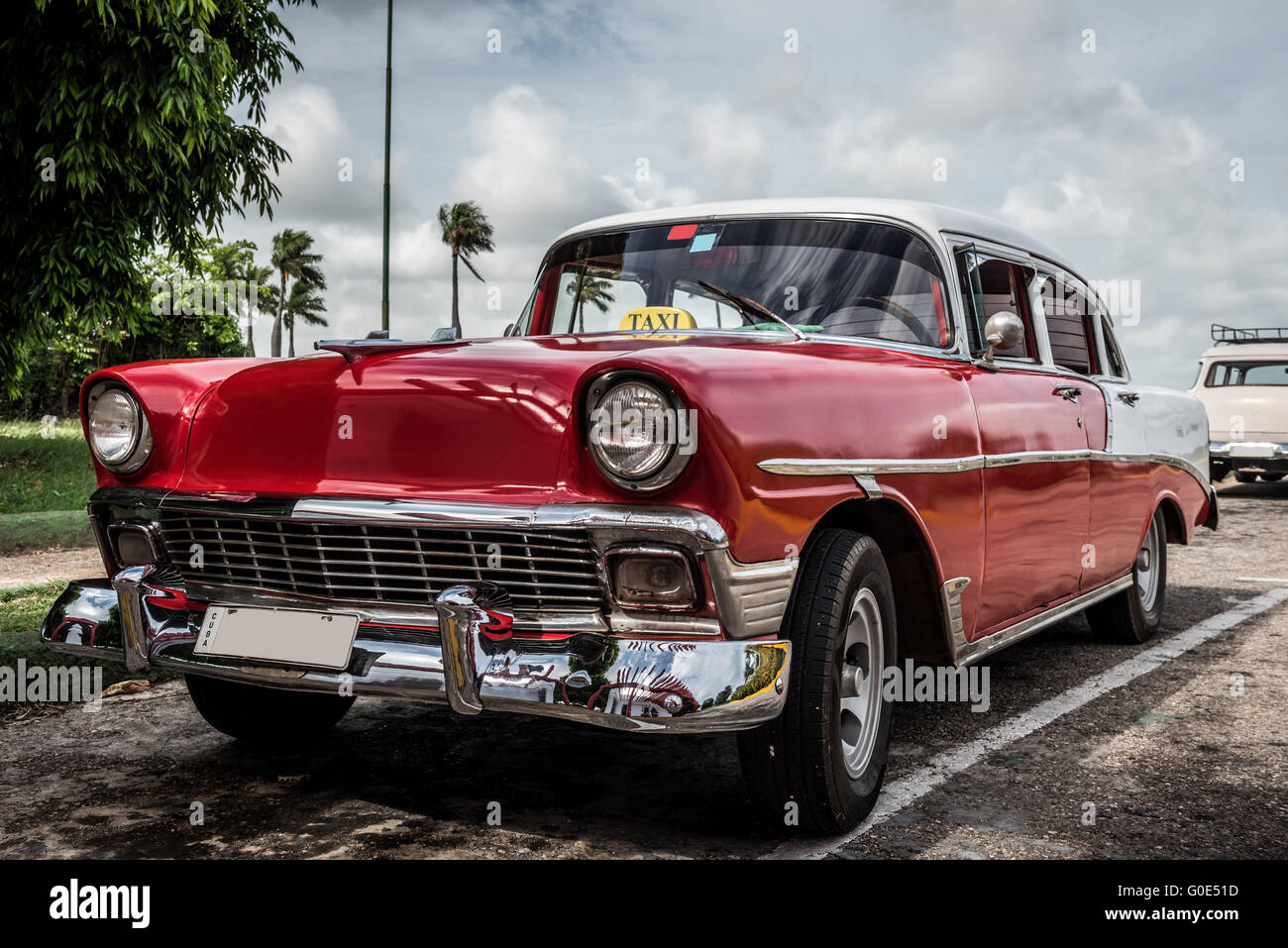 HDR American red calssic car in Cuba Stock Photo