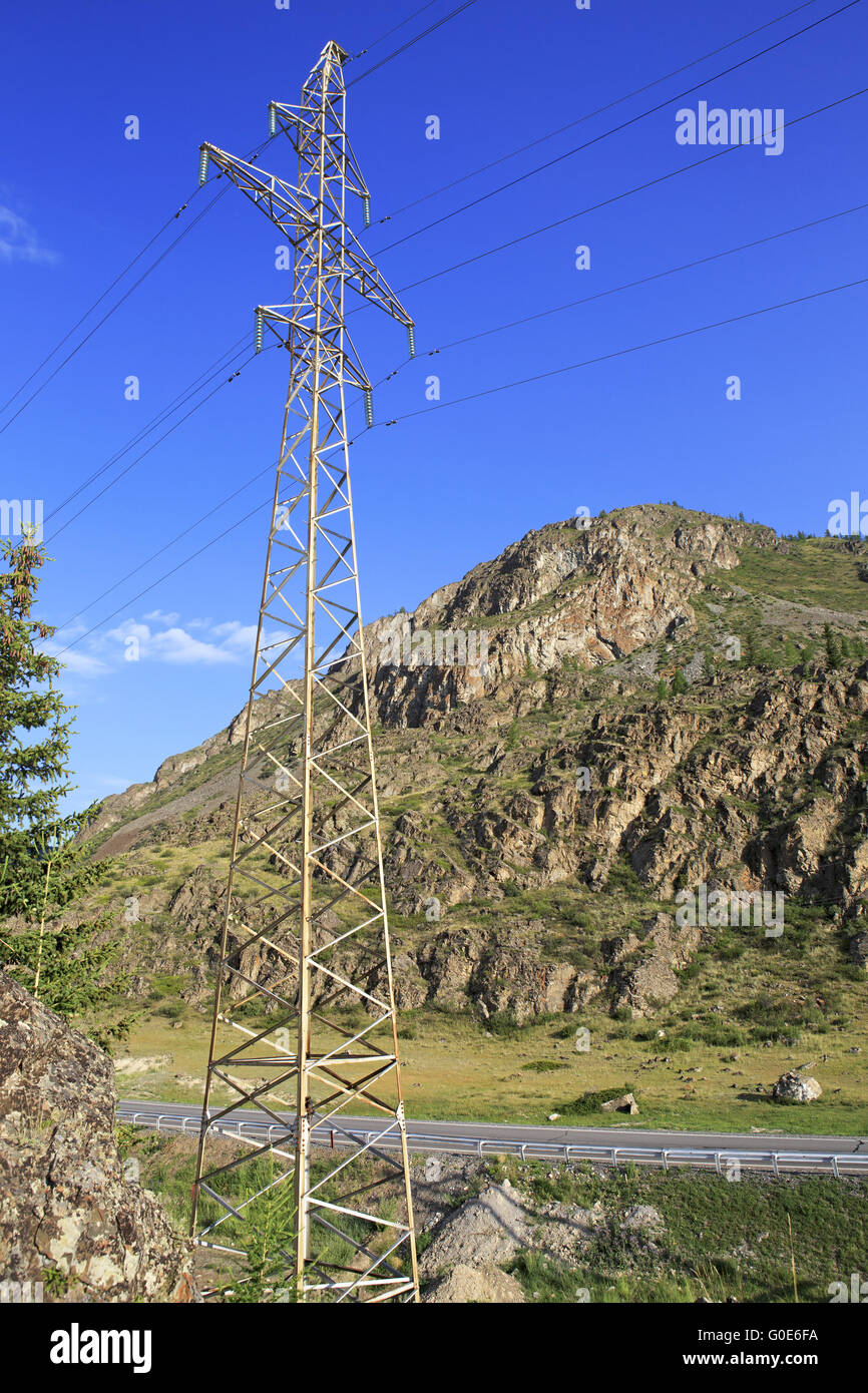 High voltage power lines in Altai Mountains near Chuysky Trakt Stock ...