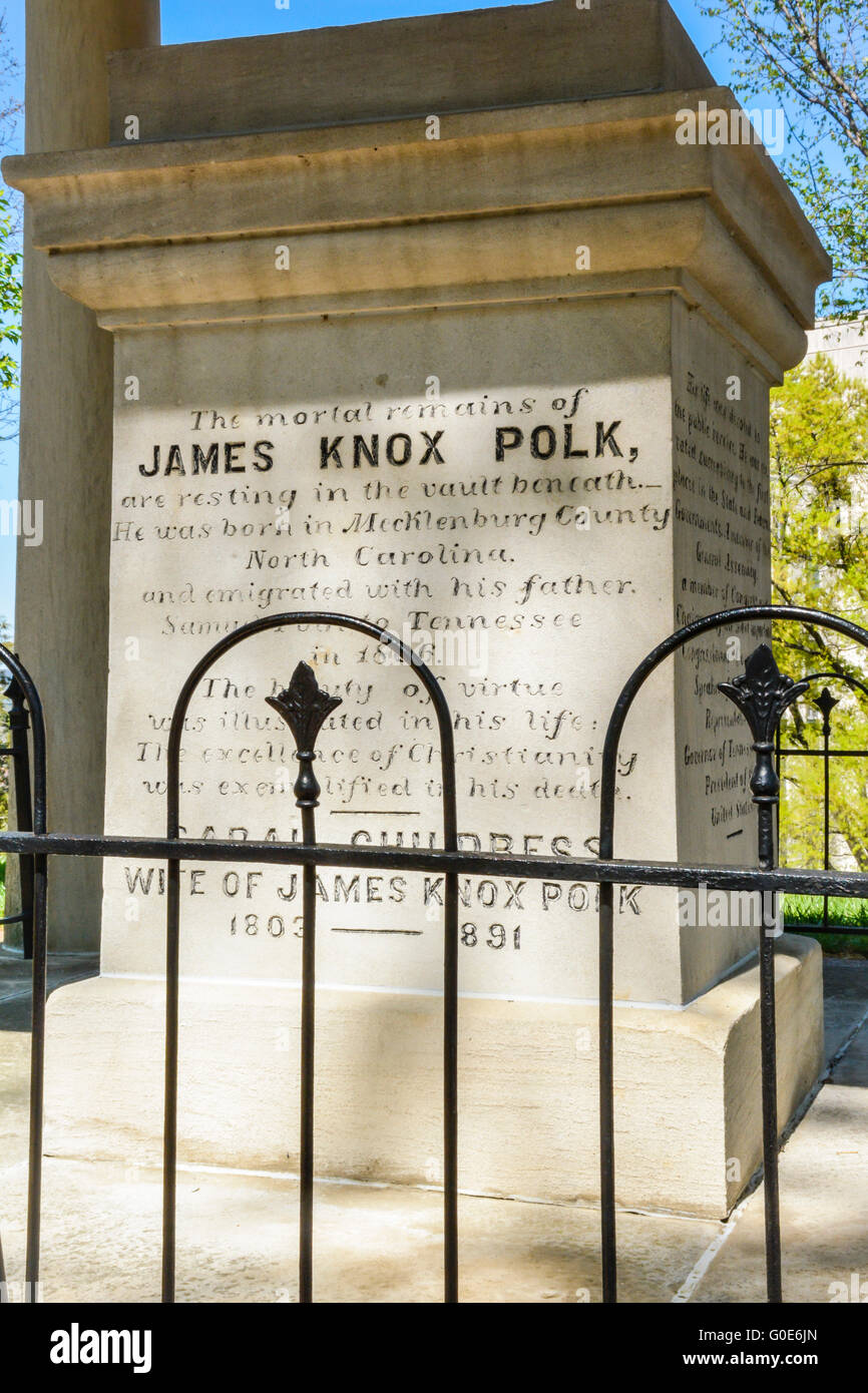A wrought iron fence protects the vault of President James Knox Polk