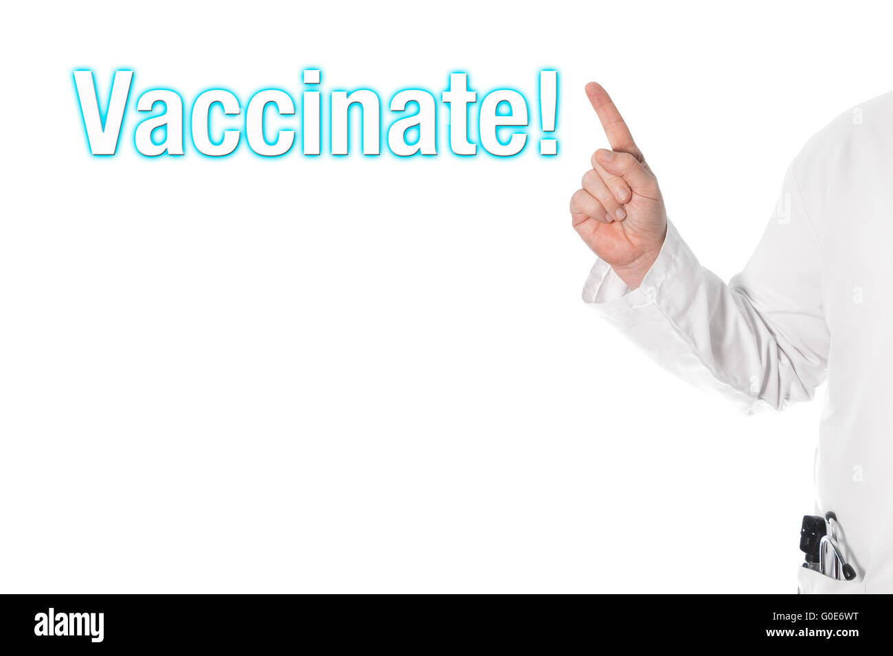 Doctor pointing at a title (vaccinate) Stock Photo