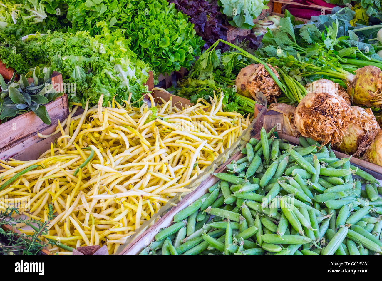 Vegetables and salad for sale at a market Stock Photo