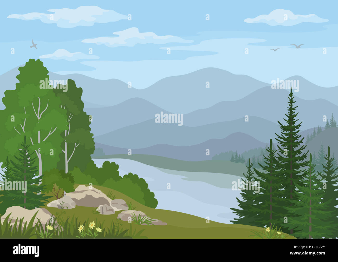 Landscape with Trees and Mountain Lake Stock Photo - Alamy