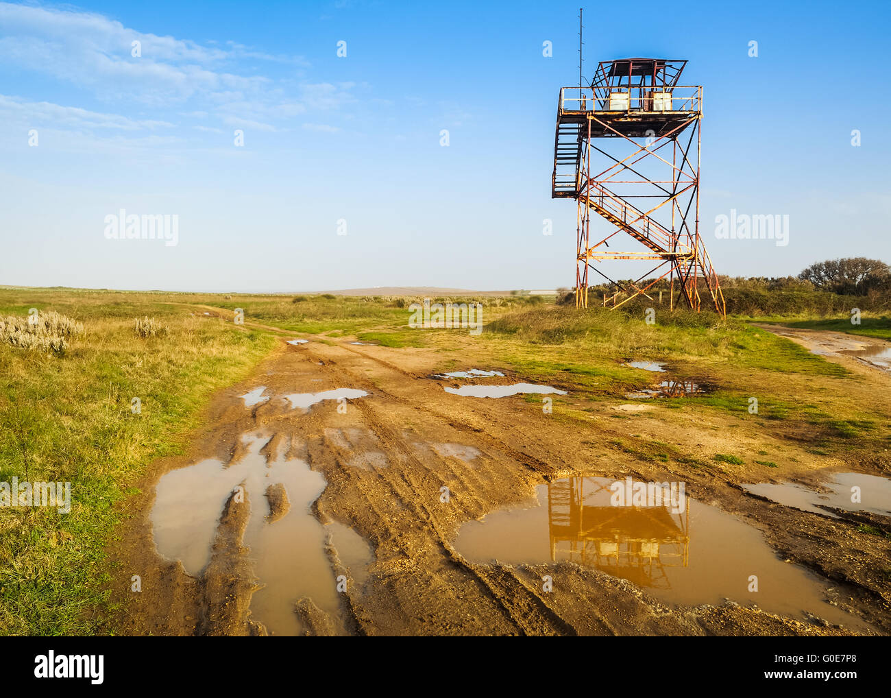 Lonely old watchtower on the road Stock Photo