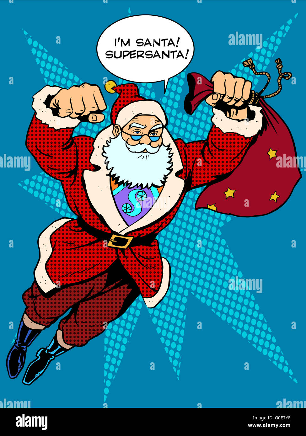 Santa Claus is flying with gifts like a superhero Stock Photo