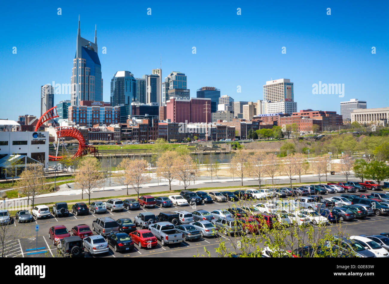 View from parking lot serving downtown Nashville and the NFL team Titans' Nissan stadium on the riverfront in Music City USA, TN Stock Photo