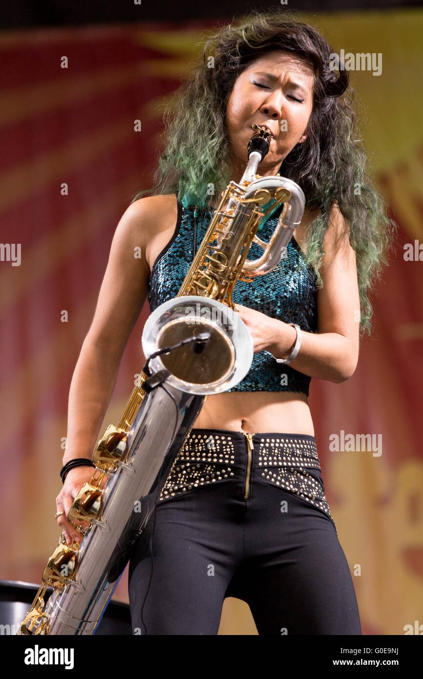 New Orleans, Louisiana, USA. 30th Apr, 2016. Musician GRACE KELLY of Stay Human performs live with Jon Batiste during the New Orleans Jazz & Heritage Festival at Fair Grounds Race Course in New Orleans, Louisiana © Daniel DeSlover/ZUMA Wire/Alamy Live News Stock Photo