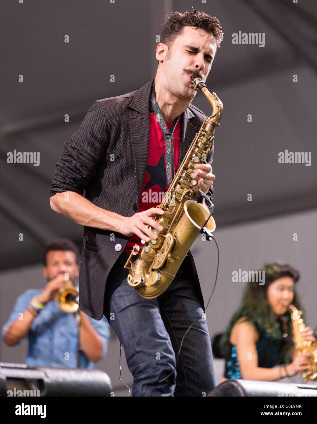 New Orleans, Louisiana, USA. 30th Apr, 2016. Musician EDDIE BARBASH of Stay Human performs live with Jon Batiste during the New Orleans Jazz & Heritage Festival at Fair Grounds Race Course in New Orleans, Louisiana © Daniel DeSlover/ZUMA Wire/Alamy Live News Stock Photo