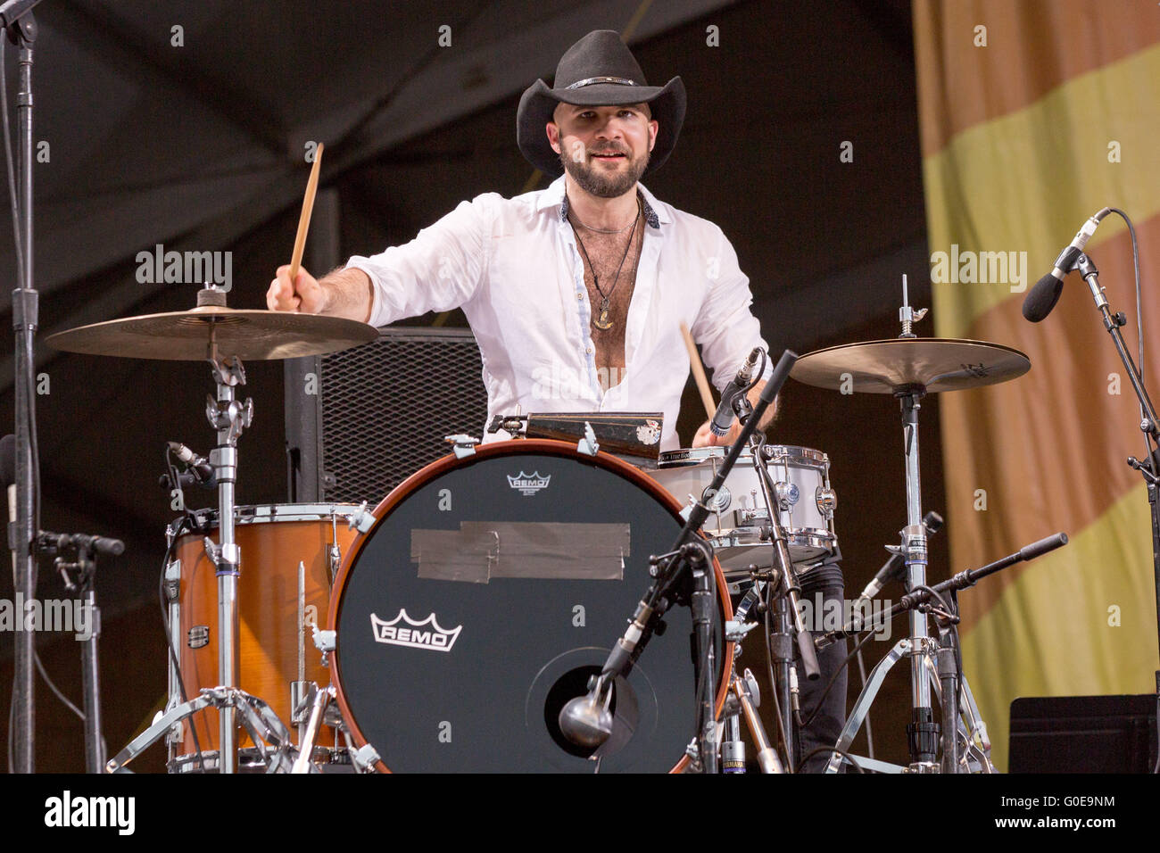 New Orleans, Louisiana, USA. 30th Apr, 2016. Drummer JOE SAYLOR of Stay Human performs live with Jon Batiste during the New Orleans Jazz & Heritage Festival at Fair Grounds Race Course in New Orleans, Louisiana © Daniel DeSlover/ZUMA Wire/Alamy Live News Stock Photo