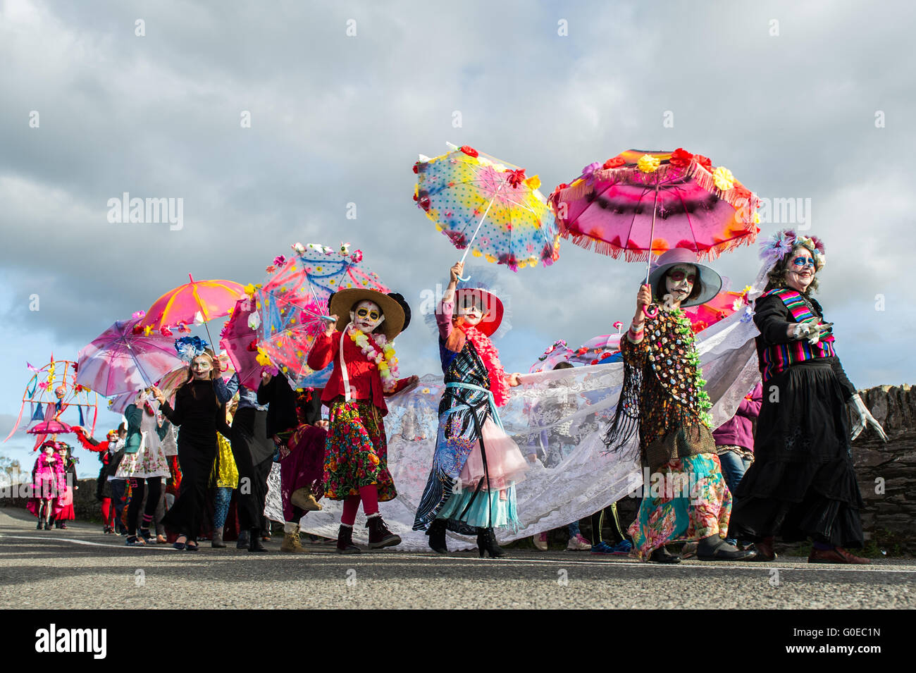 Ballydehob, Ireland. 30th April 2016.The Ballydehob Jazz Festival 'Day of the Dead' themed New Orleans Style Jazz Funeral Procession crosses Ballydehob Bridge headed by Clair Lalor from Ballydehob as the Bride. Credit: Andy Gibson/Alamy Live News Stock Photo