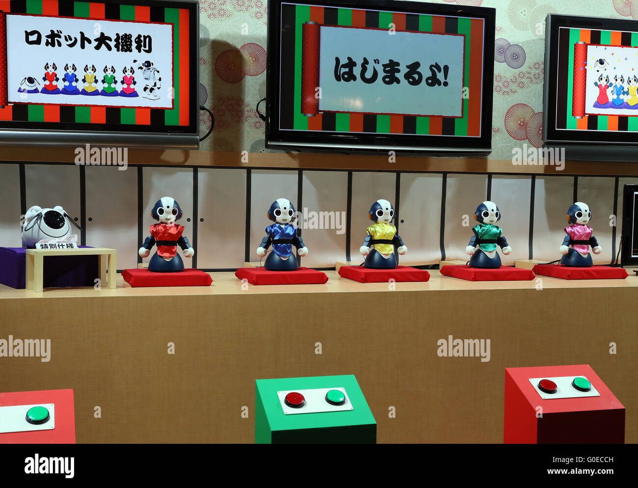 Chiba, Japan. 30th Apr, 2016. Japan's telecommunication giant NTT displays robot ogiriashow, humanoid robots Sota give unique coments to various topics during the Niconico Chokaigi in Chiba on Saturday, April 30, 2016. Some 150,000 visitors enjoyed over 100 booths including games, hobbies, sports, politics as well as Japan's sub cultures at the two-day offline meeting sponsored by Japan's video sharing website "Niconico Douga". © Yoshio Tsunoda/AFLO/Alamy Live News Stock Photo