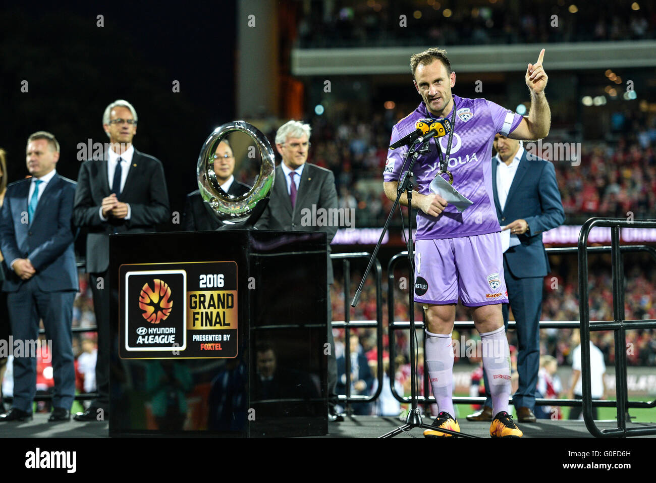 Adelaide Oval, Adelaide, Australia. 01st May, 2016. Hyundai A League Grand Final. Adelaide Versus Wanderers. Adelaide captain Eugene Galekovic.Adelaide won 3-1. Adelaide celebrate with their champions trophy. © Action Plus Sports/Alamy Live News Stock Photo