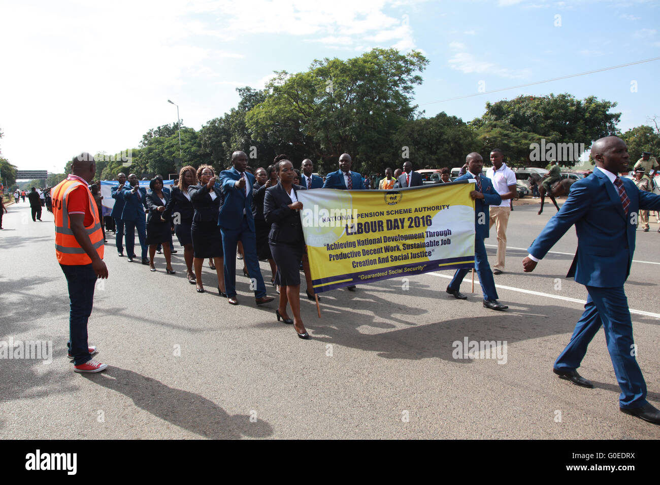 Lusaka, Zambia. 1st May, 2016. A squad from the National Pension Scheme Authority take part in the Labour Day parade in Lusaka, Zambia, May 1, 2016. © Peng Lijun/Xinhua/Alamy Live News Stock Photo