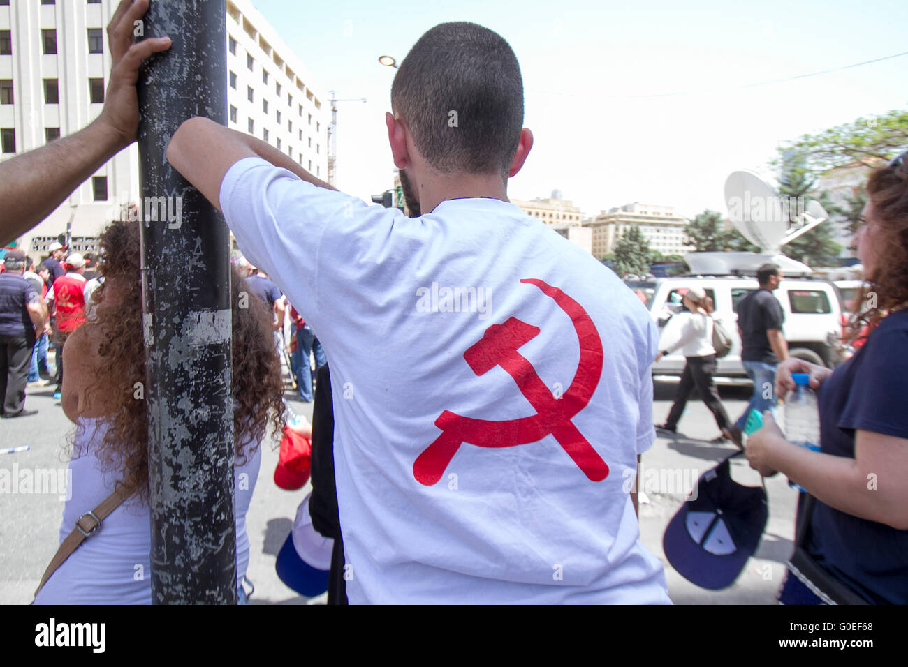 Beirut,Lebanon. 1st May 2016 . Members of the Lebanese communist party and trade unionists staged a rally in central Beirut to celebrate May Day and in support of  national and international workers rights Credit:  amer ghazzal/Alamy Live News Stock Photo