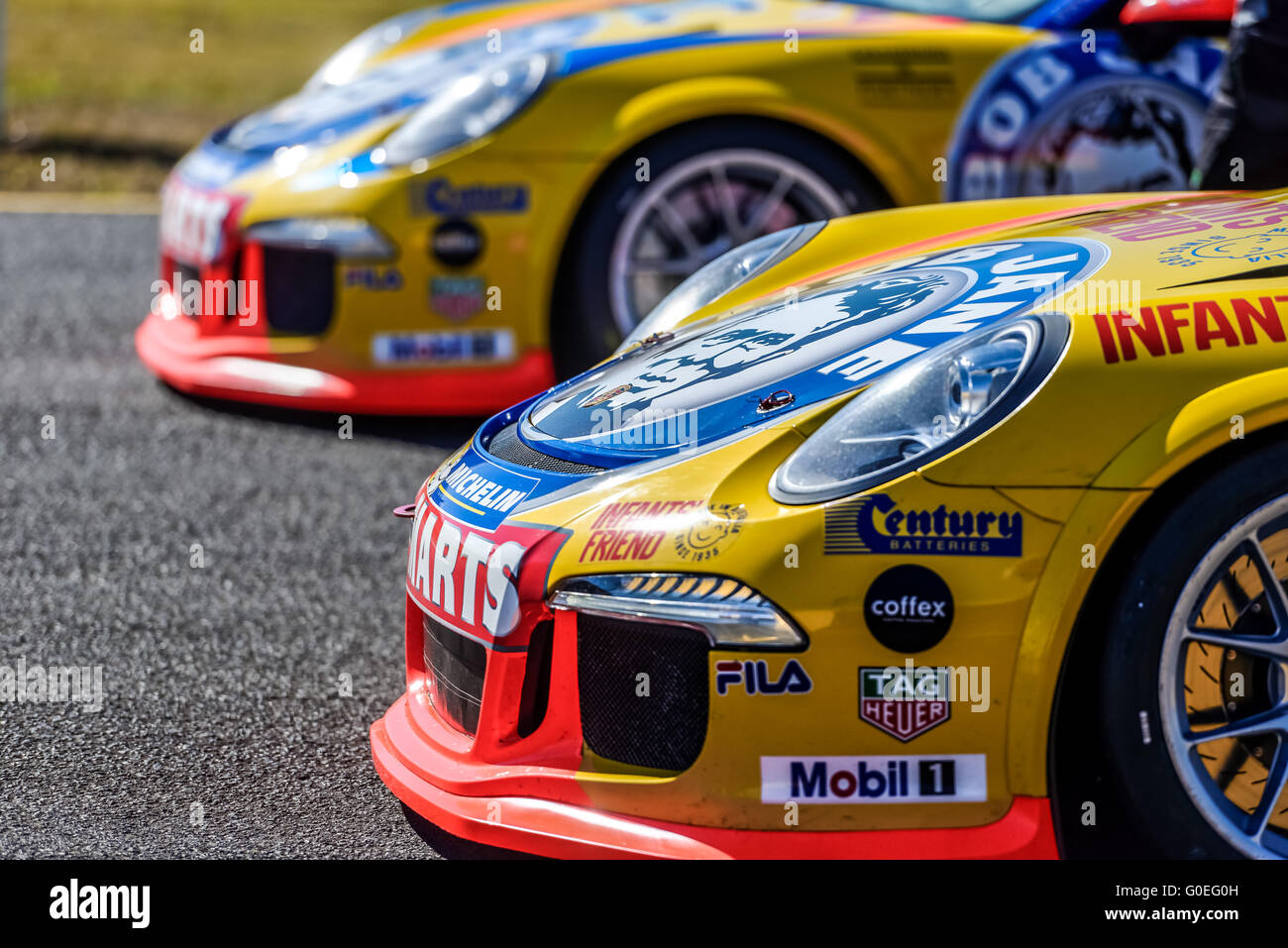 Sydney, Australia. 01st May, 2016. No 77 and 777 of Bob Jane team prior to the start of the Porsche GT3 Cup Challenge Australia on the final day of the Porsche Rennsport Australia Motor Racing Festival 2016 at the Sydney Motorsport Park © Hugh Peterswald/Pacific Press/Alamy Live News Stock Photo