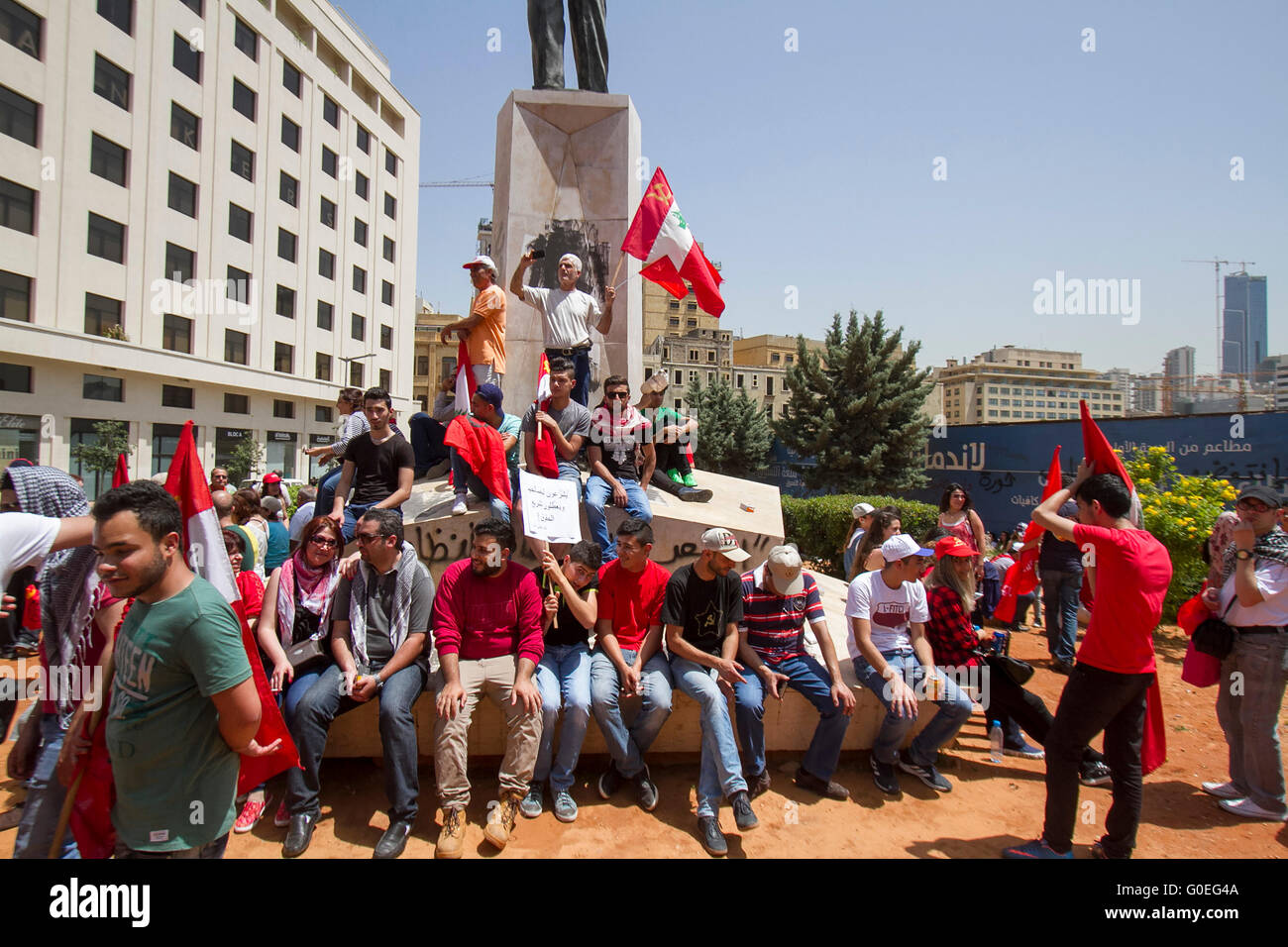 Beirut,Lebanon. 1st May 2016 . Members of the Lebanese communist party and trade unionists staged a rally in central Beirut to celebrate May may and in support of  national and international workers rights Credit:  amer ghazzal/Alamy Live News Stock Photo