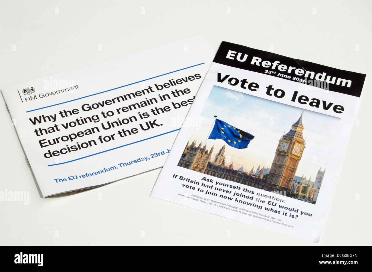 LONDON, UK - May 1, 2016:  Leaflets promoting the leave and remain sides of the EU Referendum campaign.  The vote is due to take place on June 23rd 2016. Stock Photo