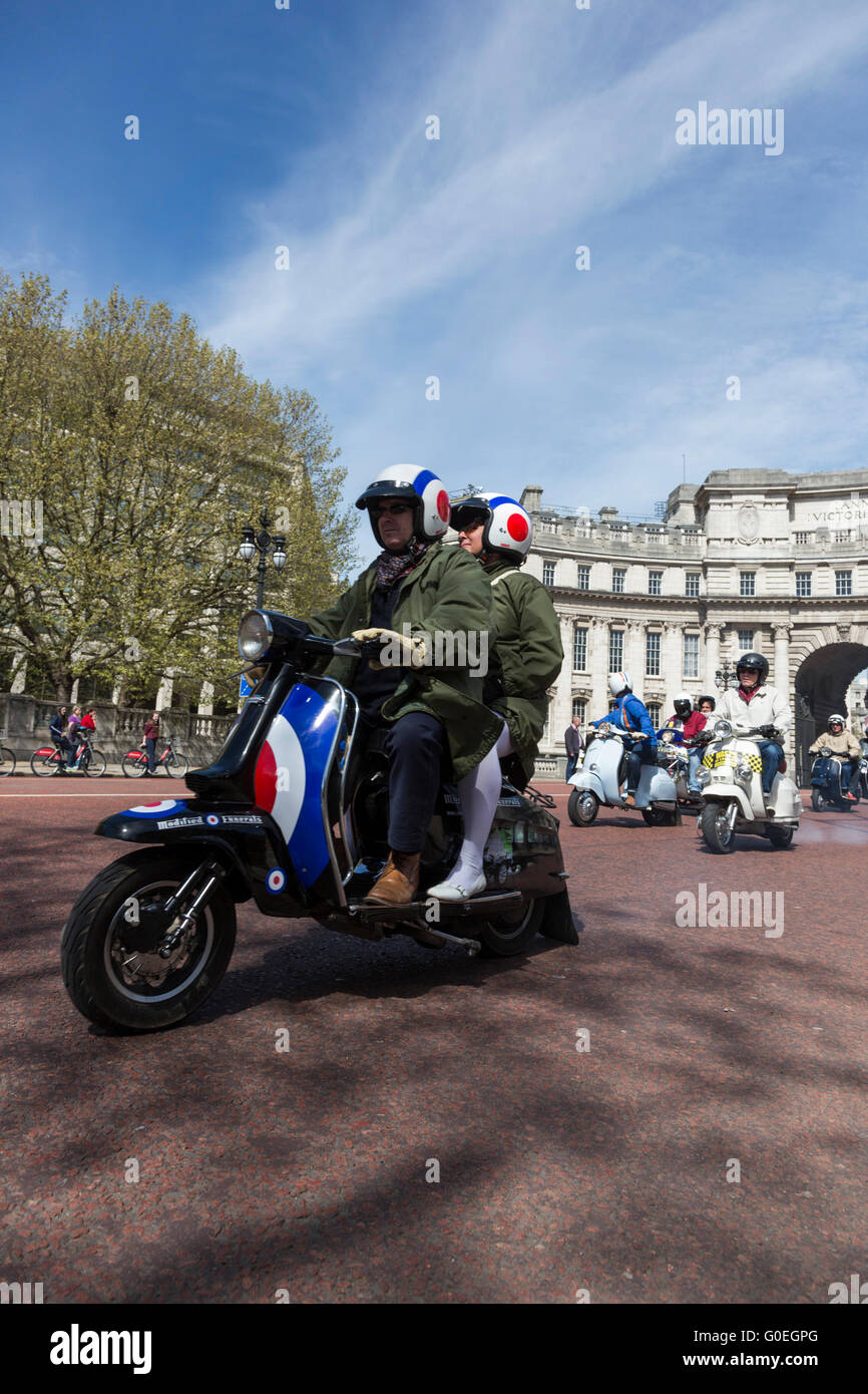 London, UK. 1 May 2016. Scooterists on The Mall. Hundreds of