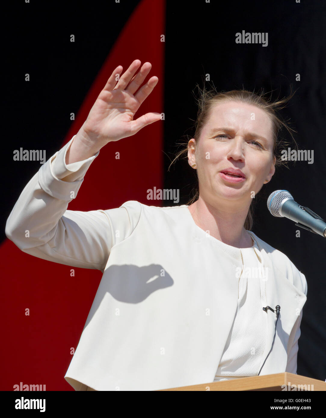 Copenhagen, Denmark, 1st May, 2016. Member of Parliament and leader of the largest party in the Danish parliament, The Social Democrats, Mette Frederiksen, delivered as the opposition leader a very popular speech  at The International Workers’ Day (Labour Day) in Faelledparken, the Copenhagen Common. A popular campaign and festival day full of political speeches and entertainment. Credit:  Niels Quist/Alamy Live News Stock Photo