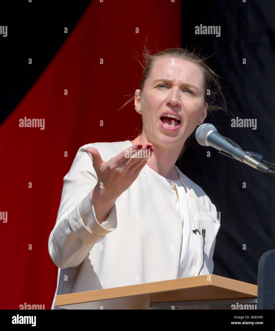 Copenhagen, Denmark, 1st May, 2016. Member of Parliament and leader of the largest party in the Danish parliament, The Social Democrats, Mette Frederiksen, delivered as the opposition leader a very popular speech  at The International Workers’ Day, Labour Day, in Faelledparken, the Copenhagen Common. A popular campaign and festival day full of political speeches and entertainment. Credit:  Niels Quist/Alamy Live News Stock Photo