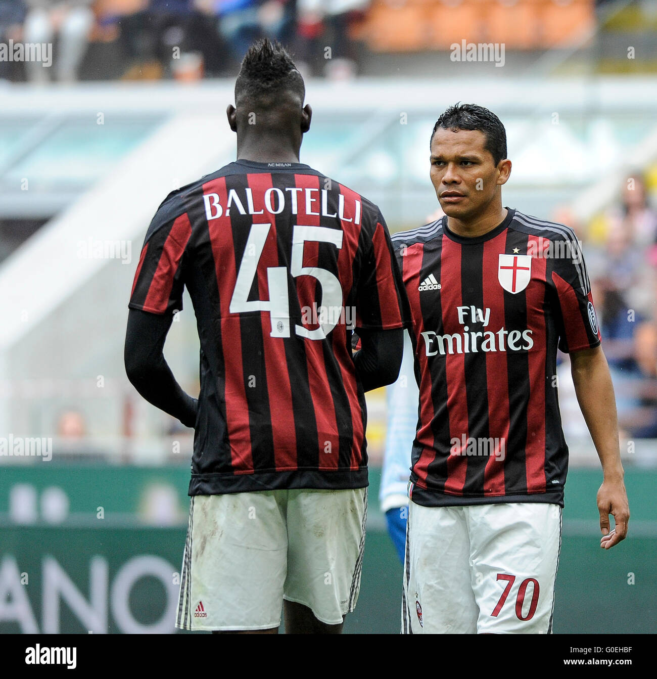Milan, Italy. 1 may, 2016: Mario Balotelli (left) and Carlos Bacca look on during the Serie A football match between AC Milan and Frosinone Calcio Credit:  Nicolò Campo/Alamy Live News Stock Photo